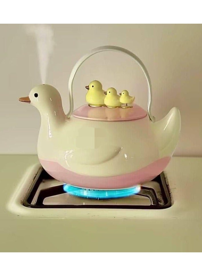 إبريق شاي سيراميك على شكل بطة بغطاء ومقبض معدني – تي بوت ديكوري لطيف للتقديم أو الزينة – أبيض/وردي مع فراخ صفراء – هدية لعشّاق الشاي وديكور المنزل وغرفة الأطفال - Image 3