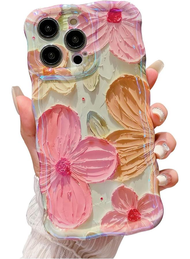 erorex For Iphone 15 Pro Max Case Colorful Retro Oil Painting Flower Curly Wave Border Floral Case For Women Girls Camera Protection Soft Shockproof Cover Case For Iphone 15 Pro Max Pink - Image 1