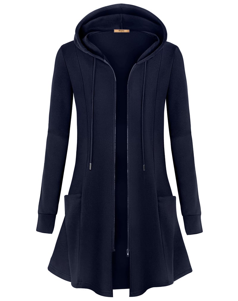 Miusey Womens Fleece Zip Up Jacket Long Cardigan Sweaters Juniors Casual Basic Thermal Lined Tunic Sweatshirts with Hood Navy Blue Large