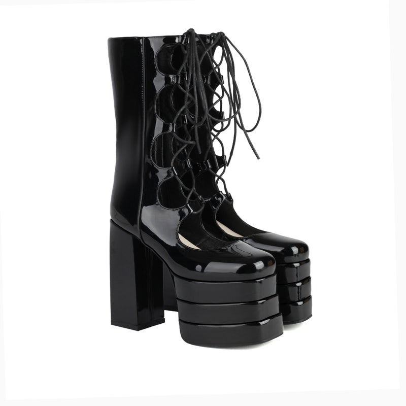2024 Women'S Medium Boots Hollow Platform Thick Sole 40-46 Super High Heel Front Lace-Up Punk Style Stage Women'S Shoes - Image 1