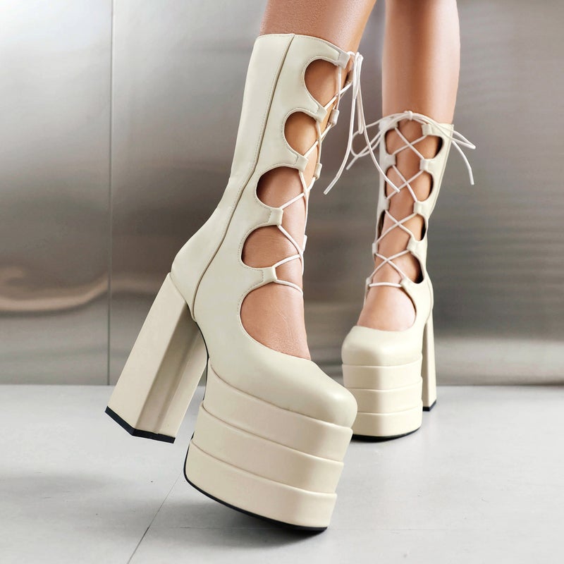 2024 Women'S Medium Boots Hollow Platform Thick Sole 40-46 Super High Heel Front Lace-Up Punk Style Stage Women'S Shoes - Image 5