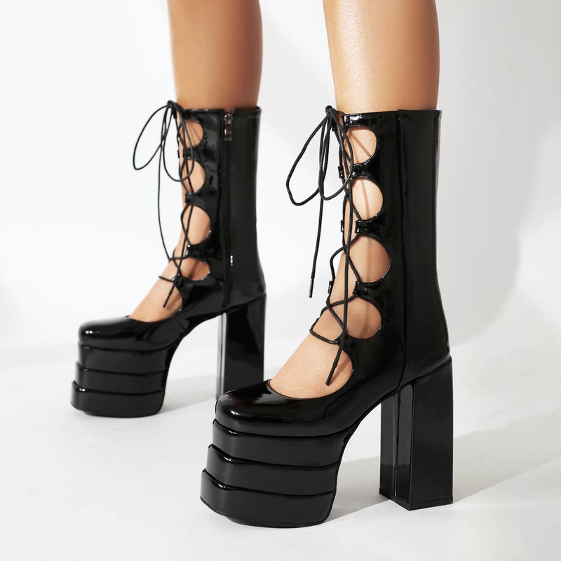 2024 Women'S Medium Boots Hollow Platform Thick Sole 40-46 Super High Heel Front Lace-Up Punk Style Stage Women'S Shoes - Image 4
