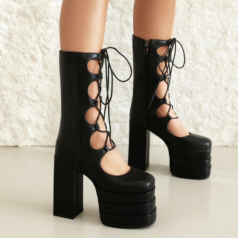 2024 Women'S Medium Boots Hollow Platform Thick Sole 40-46 Super High Heel Front Lace-Up Punk Style Stage Women'S Shoes - Image 2