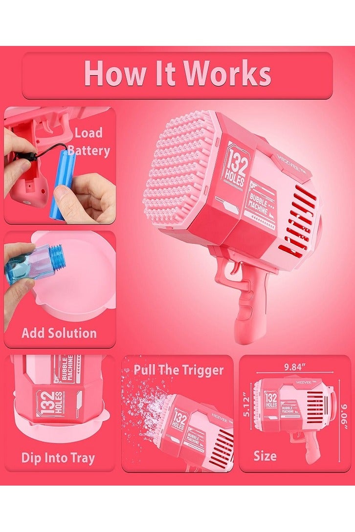 Bubble Machine آلة مسدس الفقاعات ذات 132 فتحة – لعبة نافخة الفقاعات مع أضواء ملونة، صانعة فقاعات كبيرة للأطفال، للمتعة في الأماكن المفتوحة والمغلقة (وردي) - Image 2