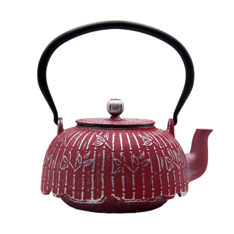 YJX Tea Kettle, Japanese Cast Iron Teapot with Stainless Steel Infuser, Cast Iron Tea Kettle, Durable Teapot Coated with Enameled Interior (40.6oz Burgundy Bamboo Leaf Pattern) - Image 1