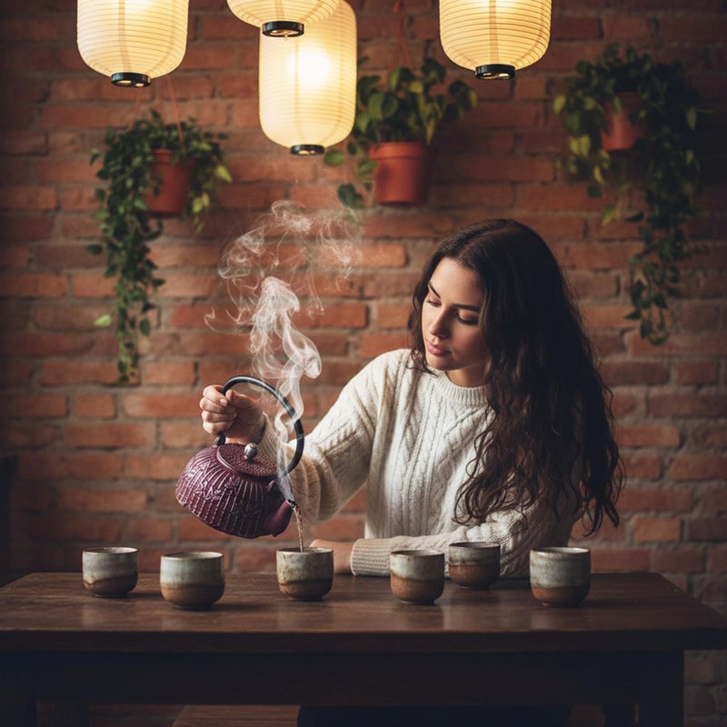 YJX Tea Kettle, Japanese Cast Iron Teapot with Stainless Steel Infuser, Cast Iron Tea Kettle, Durable Teapot Coated with Enameled Interior (40.6oz Burgundy Bamboo Leaf Pattern) - Image 3
