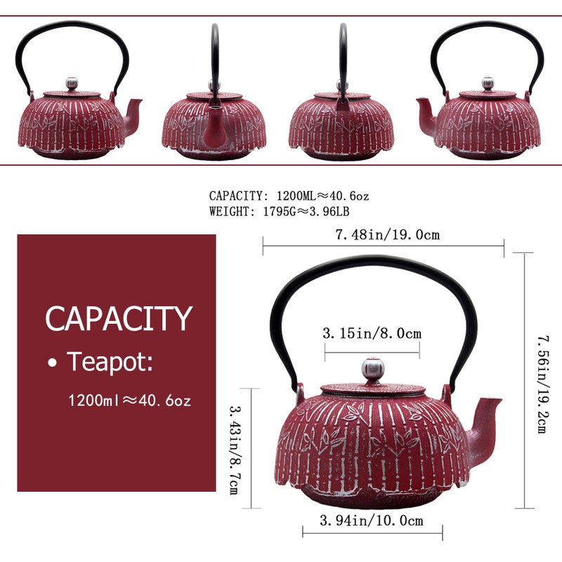 YJX Tea Kettle, Japanese Cast Iron Teapot with Stainless Steel Infuser, Cast Iron Tea Kettle, Durable Teapot Coated with Enameled Interior (40.6oz Burgundy Bamboo Leaf Pattern) - Image 5