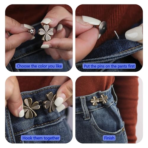 Qubusm Clover Jeans Button 10 Sets Pant Waist Tightener, Adjustable Waist Buckle Sets and No Tools Detachable Decorative Waist Buckles, Jean Buttons Pins for Loose Jeans, Pants, Skirts (No Sew) (Clover) - Image 3
