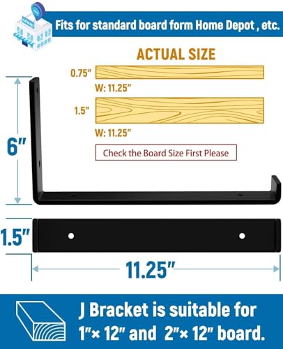 LEOPO 12 inch Shelf Brackets 6-Pack ,1/5 inch Thick Heavy Duty Industrial Bracket for DIY Floating Shelf Support, Black Coated Wall Shelf Support 11.25” x 6” x 1.5” - Image 3