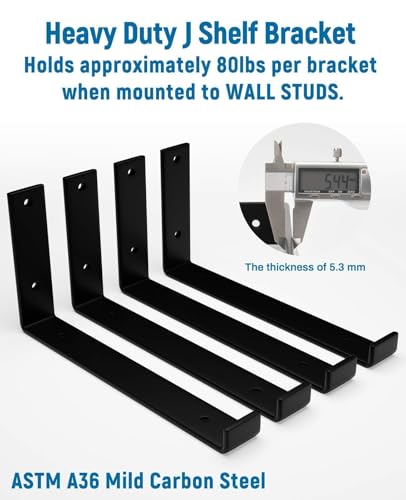 LEOPO 12 inch Shelf Brackets 6-Pack ,1/5 inch Thick Heavy Duty Industrial Bracket for DIY Floating Shelf Support, Black Coated Wall Shelf Support 11.25” x 6” x 1.5” - Image 4