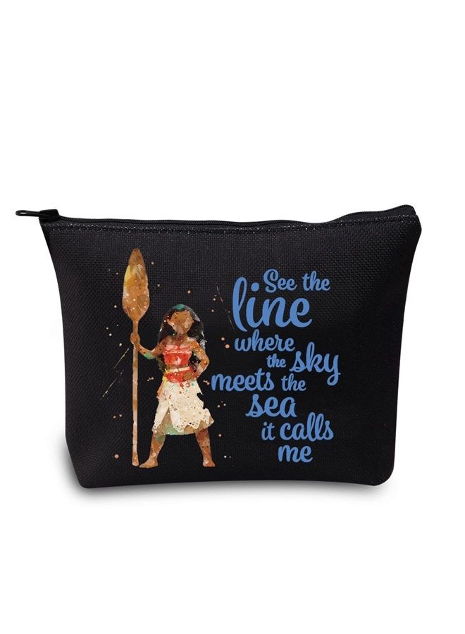 LEVLO Moana Quote Cosmetic Make Up Bag Moana Fans Gift See The Line Where The Sky Meet The Sea It Calls Me Moana Makeup Zipper Pouch Bag (See The Line Black)  - Image 1