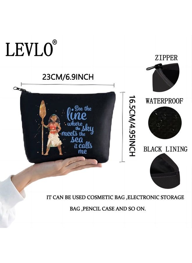 LEVLO Moana Quote Cosmetic Make Up Bag Moana Fans Gift See The Line Where The Sky Meet The Sea It Calls Me Moana Makeup Zipper Pouch Bag (See The Line Black)  - Image 2