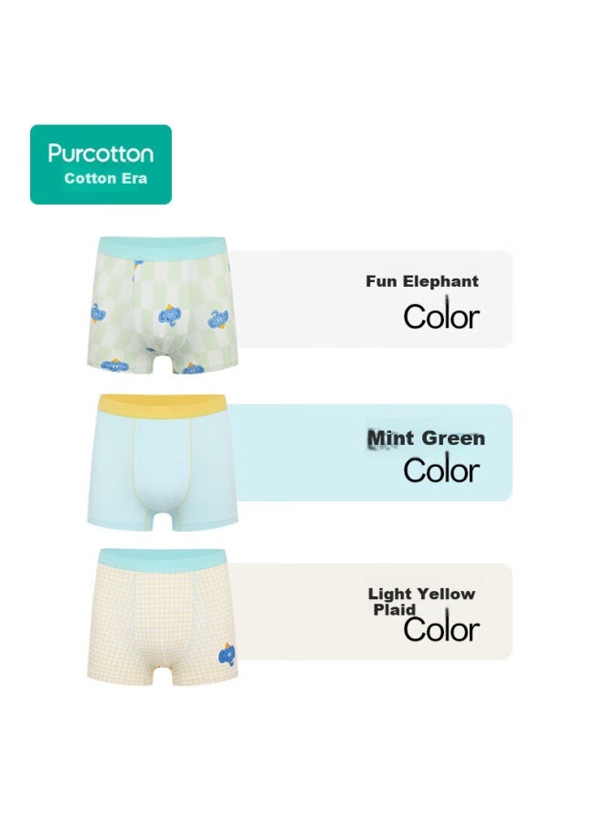 Purcotton Children's Underwear, Boys And Girls Boxer Briefs, 7a Antibacterial, Four-corner Printed Fun Elephant Design, Mint Green + Light Yellow Small Checkered Patter