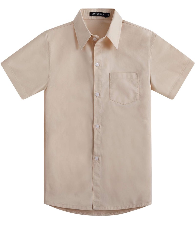Spring&Gege Boys' Short Sleeve Dress Shirts Formal Uniform Woven Solid, Beige, 9-10 Years - Image 1