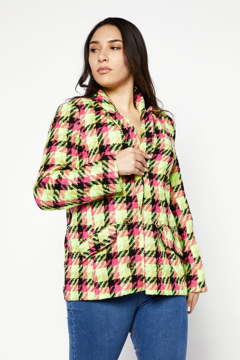 RIVER ISLAND Women Petite Fit Plaid Casual Blazers, Lime Green Combo - Image 1