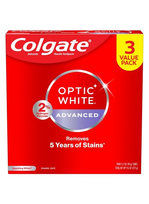 Colgate Optic White Advanced Hydrogen Peroxide Toothpaste, Teeth Whitening Toothpaste Pack, Enamel-Safe Formula, Helps Remove Tea, Coffee, and Wine Stains, Sparkling White, 3 Pack, 3.2 oz