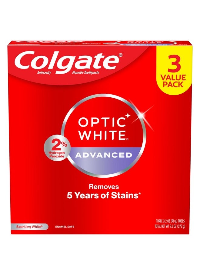 Colgate - Colgate Optic White Advanced Hydrogen Peroxide Toothpaste, Teeth Whitening Toothpaste Pack, Enamel-Safe Formula, Helps Remove Tea, Coffee, and Wine Stains, Sparkling White, 3 Pack, 3.2 oz - Image 1