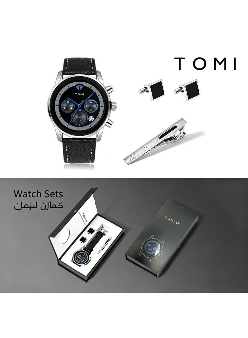 TOMI Men's Elegant Watch Set - Wrist Watch And Cufflinks And Tie Clip, Business Leather Strap, Silver Black Cufflinks Tie Clip for Daily Wear and Gift Giving Men's Watch Sets - Image 1
