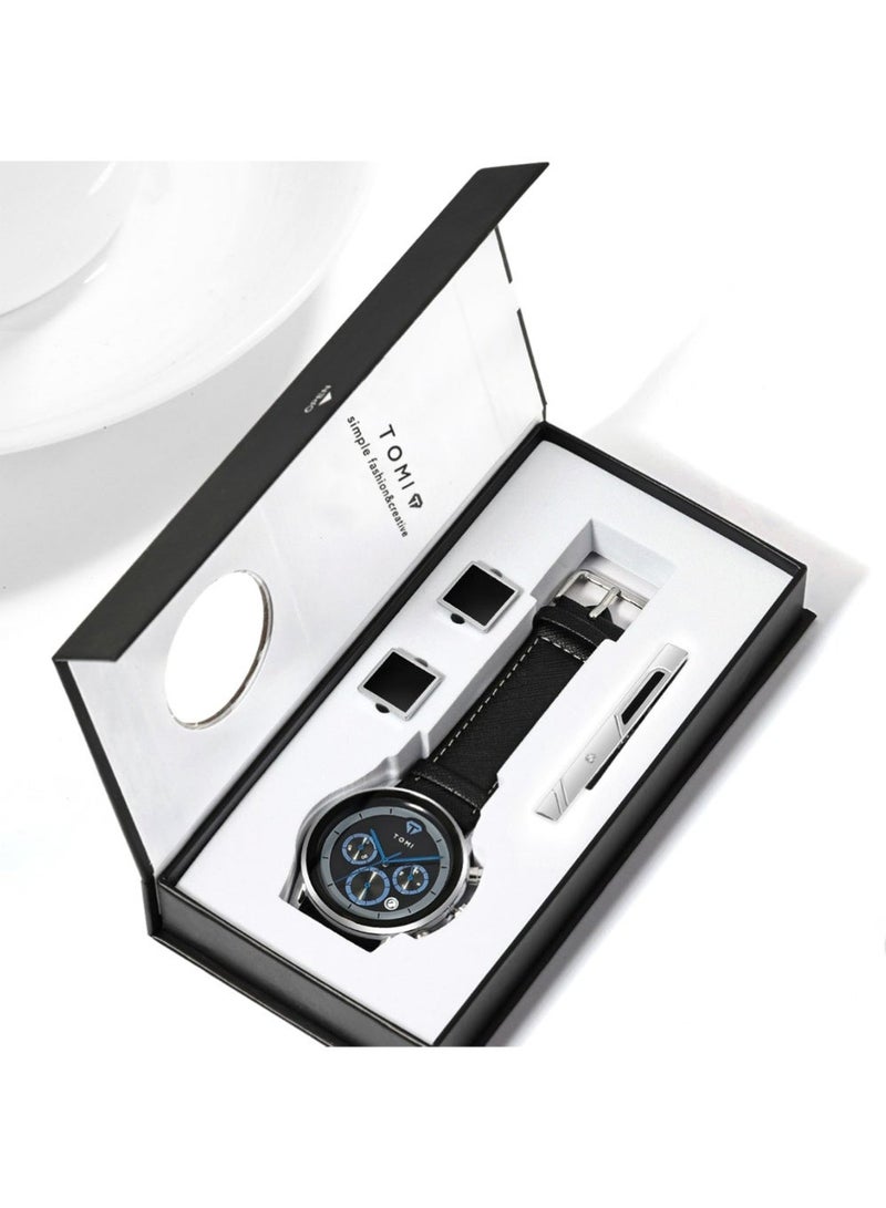 TOMI Men's Elegant Watch Set - Wrist Watch And Cufflinks And Tie Clip, Business Leather Strap, Silver Black Cufflinks Tie Clip for Daily Wear and Gift Giving Men's Watch Sets - Image 2