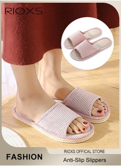 RIOXS Couple Slippers,Striped Cotton Open Toe Slippers For Men And Women,Unisex Anti-Slip Flat Sandal Slippers,Soft Breathable Linen Slippers,Open Toe Slippers For House/ Bedroom/ Living Room/ Indoor And Outdoor Use  - Image 2