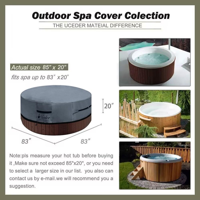 UCEDER Round Waterproof Hot Tub Cover -Outdoor Spa Cover Cap(Actual Size 85''x20'' Fit 83''x 20'') 600D Heavy Duty Polyester Hot Tub Cover Protector(Dark Gray) - Image 2