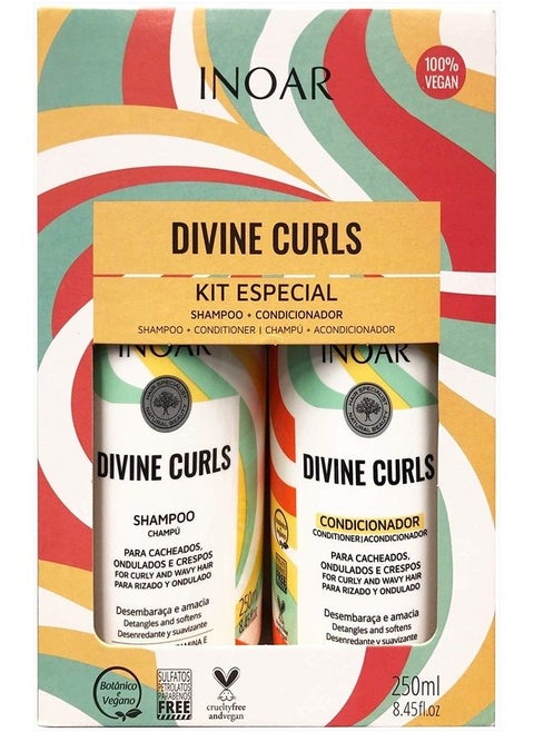 INOAR PROFESSIONAL - Divine Curls Shampoo & Conditioner - The Perfect Combination to Clean & Smooth Each Strand Without Weighing Down Your Hair For Beautiful & Bouncy Curls (8.45 Ounce/250 Milliliter)