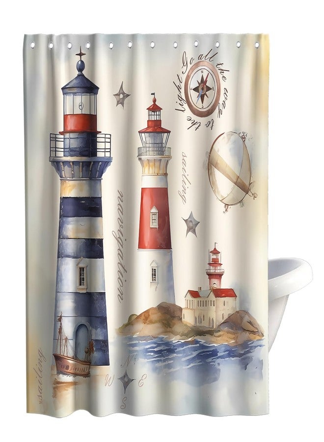 Final Friday Beach Nautical Lighthouse Retro Theme Fabric Shower Curtain Sets Bathroom Decor with Hooks Waterproof Washable Blue Red and Beige 72Wx72H Inches - Image 1