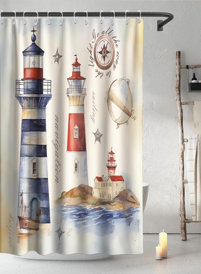 Final Friday Beach Nautical Lighthouse Retro Theme Fabric Shower Curtain Sets Bathroom Decor with Hooks Waterproof Washable Blue Red and Beige 72Wx72H Inches - Image 2