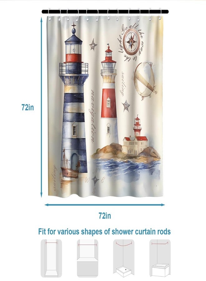 Final Friday Beach Nautical Lighthouse Retro Theme Fabric Shower Curtain Sets Bathroom Decor with Hooks Waterproof Washable Blue Red and Beige 72Wx72H Inches - Image 5