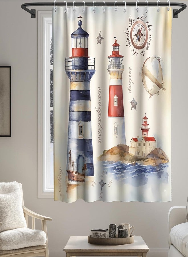 Final Friday Beach Nautical Lighthouse Retro Theme Fabric Shower Curtain Sets Bathroom Decor with Hooks Waterproof Washable Blue Red and Beige 72Wx72H Inches - Image 3