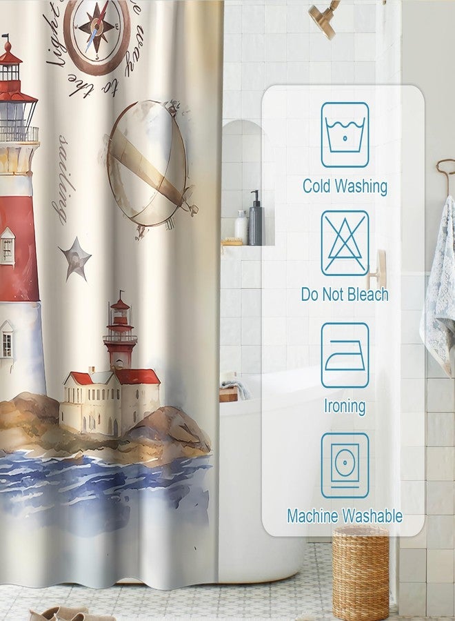 Final Friday Beach Nautical Lighthouse Retro Theme Fabric Shower Curtain Sets Bathroom Decor with Hooks Waterproof Washable Blue Red and Beige 72Wx72H Inches - Image 4