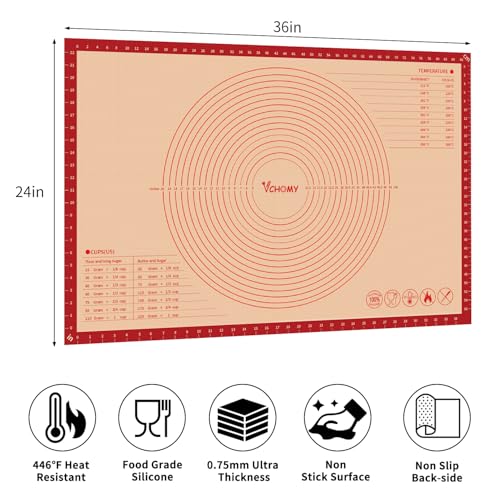 VCHOMY Extra Large Silicone Pastry Mat for Counter Rolling Dough36x24 Inch075mm ThickNon Slip Silicone Baking Mat with Measurement36 x 24 InRed - Image 3