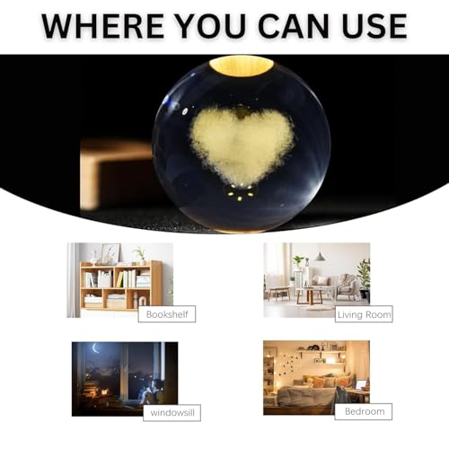 Rylan 3D Love Heart Crystal Ball Night Lamp,Creative Engraved Crystal Ball Night Light, USB Table LED Wooden Crystal Ball for Home Office Decoration Birthday Gift Adults (Love Heart)(Warm White) - Image 2