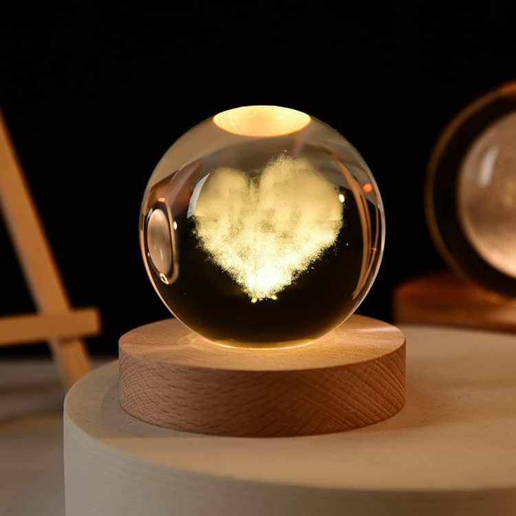 Rylan 3D Love Heart Crystal Ball Night Lamp,Creative Engraved Crystal Ball Night Light, USB Table LED Wooden Crystal Ball for Home Office Decoration Birthday Gift Adults (Love Heart)(Warm White) - Image 1