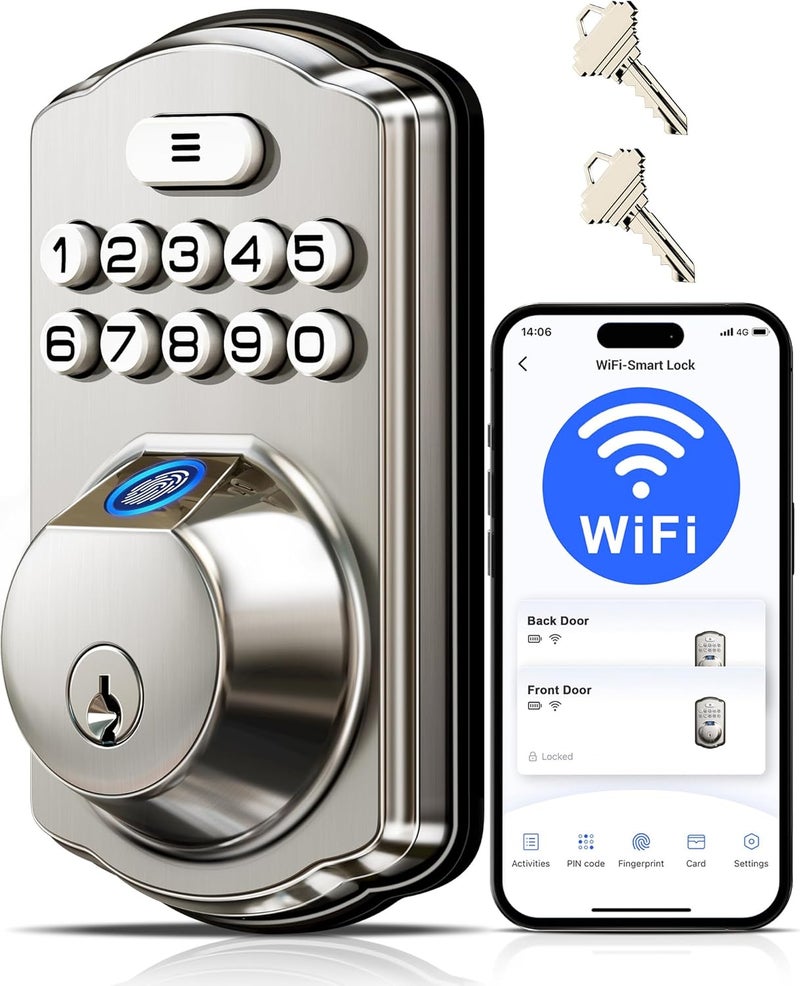 Veise VE012W Built-in WiFi Fingerprint Smart Lock, App Remote Control, No Hub Needed, Keyless Entry, Front Door Smart Deadbolt, Digital Keypad, Auto Lock, IP55 Waterproof, BHMA Grade 3, Satin Nickel - Image 1