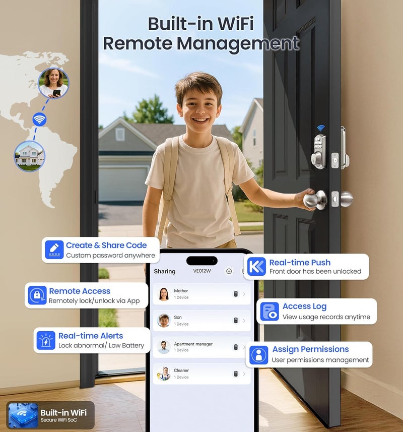 Veise VE012W Built-in WiFi Fingerprint Smart Lock, App Remote Control, No Hub Needed, Keyless Entry, Front Door Smart Deadbolt, Digital Keypad, Auto Lock, IP55 Waterproof, BHMA Grade 3, Satin Nickel - Image 3