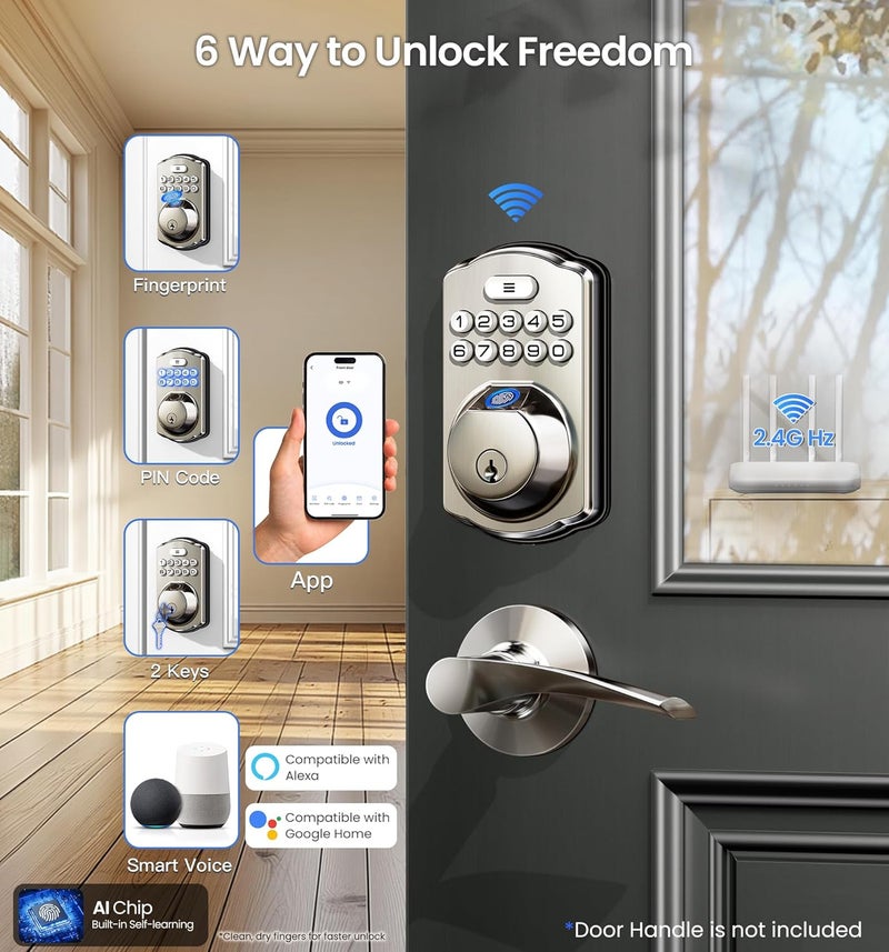 Veise VE012W Built-in WiFi Fingerprint Smart Lock, App Remote Control, No Hub Needed, Keyless Entry, Front Door Smart Deadbolt, Digital Keypad, Auto Lock, IP55 Waterproof, BHMA Grade 3, Satin Nickel - Image 2