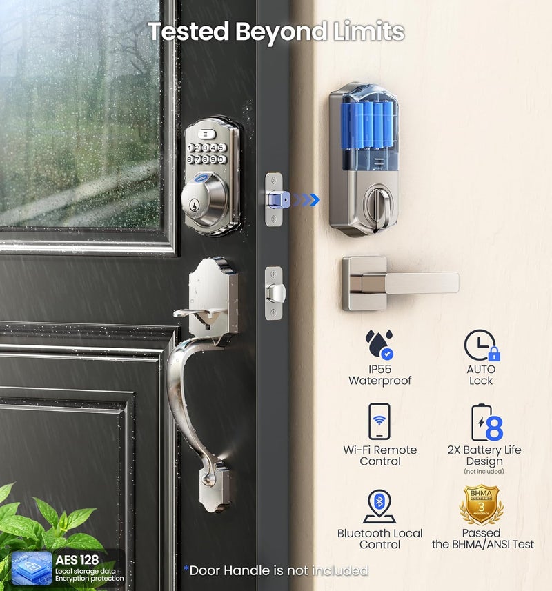 Veise VE012W Built-in WiFi Fingerprint Smart Lock, App Remote Control, No Hub Needed, Keyless Entry, Front Door Smart Deadbolt, Digital Keypad, Auto Lock, IP55 Waterproof, BHMA Grade 3, Satin Nickel - Image 5