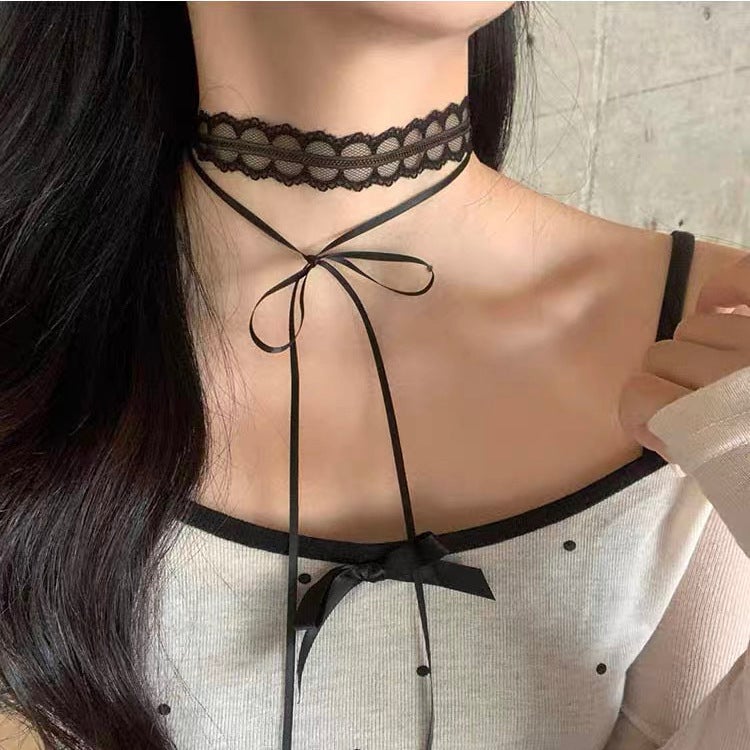 Vintage Gothic Lace Choker Butterfly Bow Necklace Black-lace ribbon (titanium steel tail buckle)