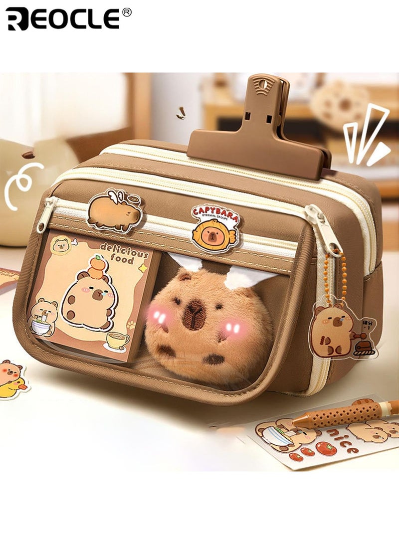 مقلمة كرتونية لطيفة شفافة أدوات مدرسية جمالية مع سلسلة مفاتيح محشوة سعة كبيرة منظم أقلام متعدد الطبقات للطلاب