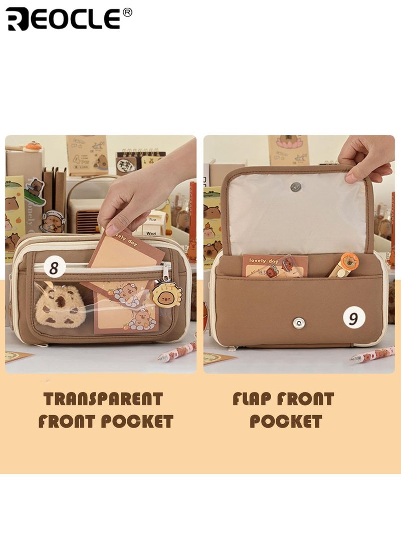 مقلمة كرتونية لطيفة شفافة أدوات مدرسية جمالية مع سلسلة مفاتيح محشوة سعة كبيرة منظم أقلام متعدد الطبقات للطلاب