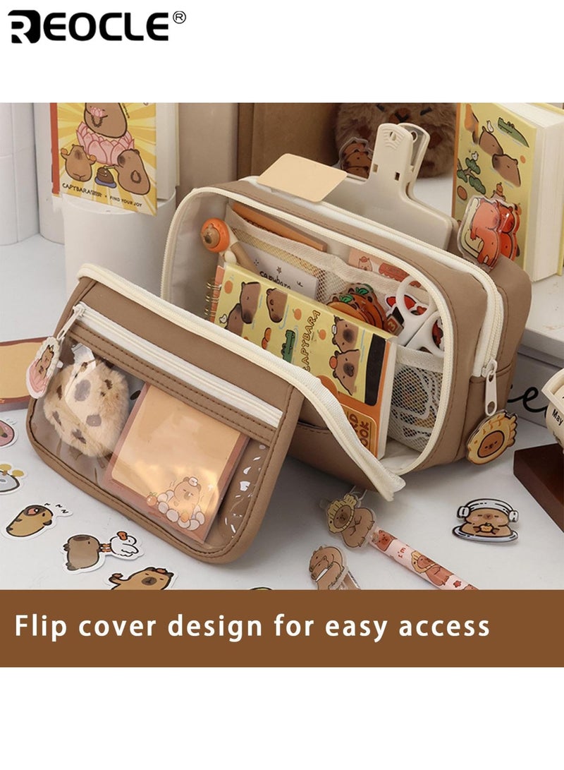 مقلمة كرتونية لطيفة شفافة أدوات مدرسية جمالية مع سلسلة مفاتيح محشوة سعة كبيرة منظم أقلام متعدد الطبقات للطلاب