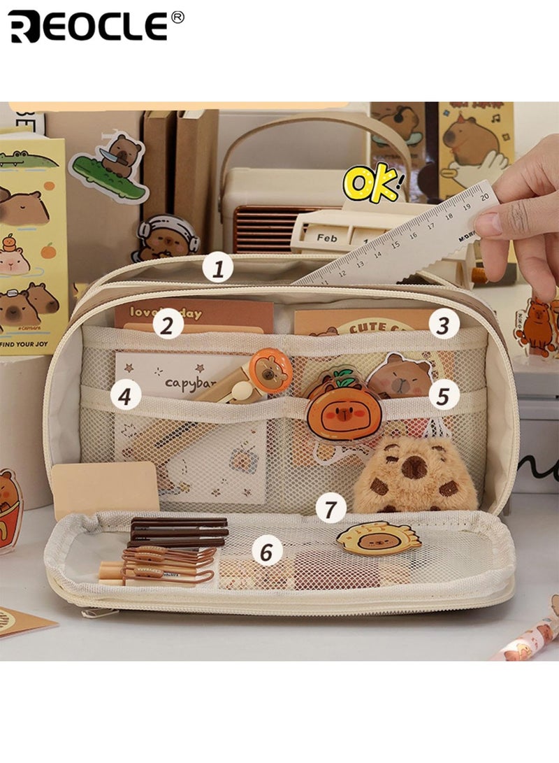 مقلمة كرتونية لطيفة شفافة أدوات مدرسية جمالية مع سلسلة مفاتيح محشوة سعة كبيرة منظم أقلام متعدد الطبقات للطلاب