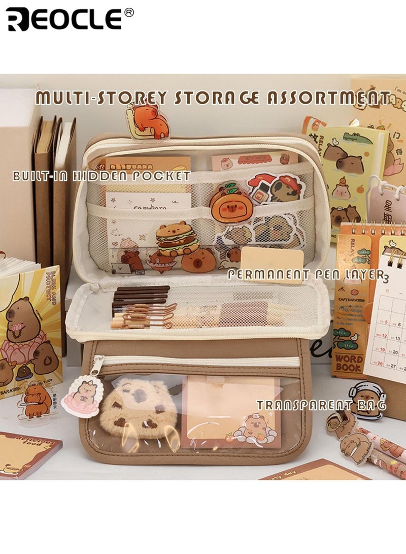 مقلمة كرتونية لطيفة شفافة أدوات مدرسية جمالية مع سلسلة مفاتيح محشوة سعة كبيرة منظم أقلام متعدد الطبقات للطلاب