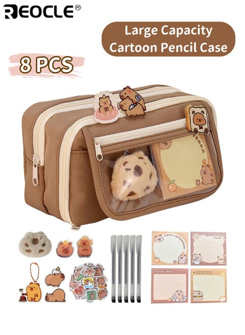 مقلمة كرتونية لطيفة شفافة أدوات مدرسية جمالية مع سلسلة مفاتيح محشوة سعة كبيرة منظم أقلام متعدد الطبقات للطلاب