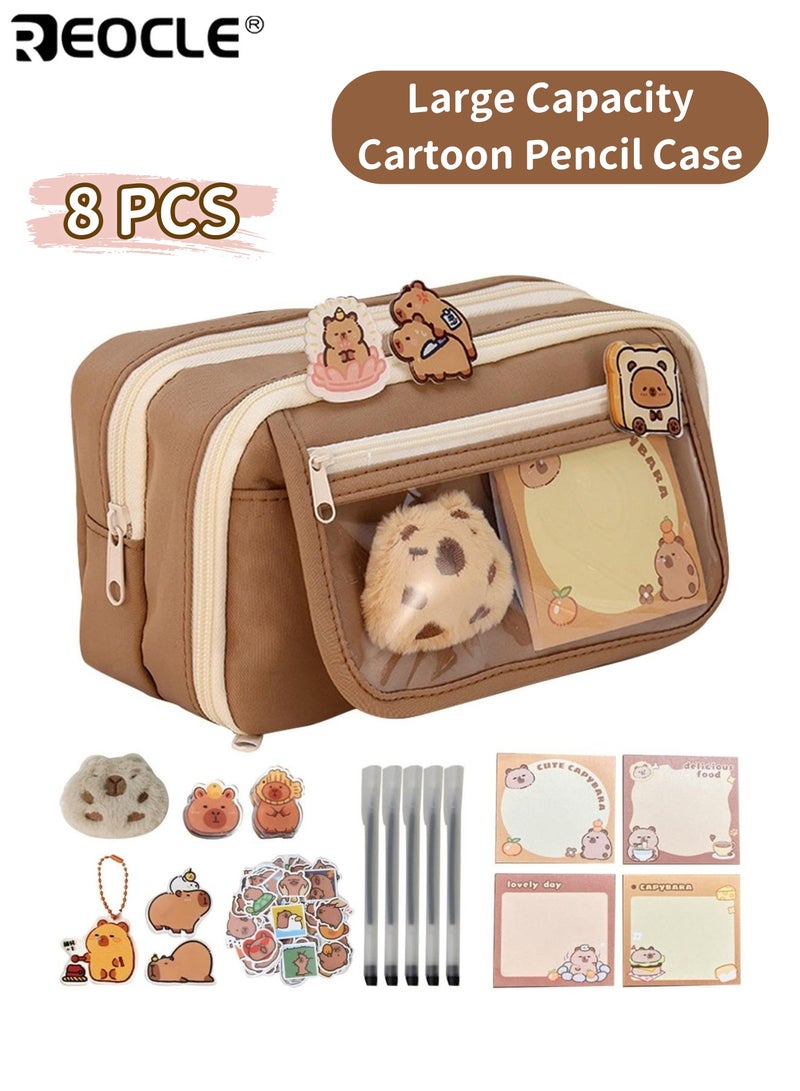 مقلمة كرتونية لطيفة شفافة أدوات مدرسية جمالية مع سلسلة مفاتيح محشوة سعة كبيرة منظم أقلام متعدد الطبقات للطلاب