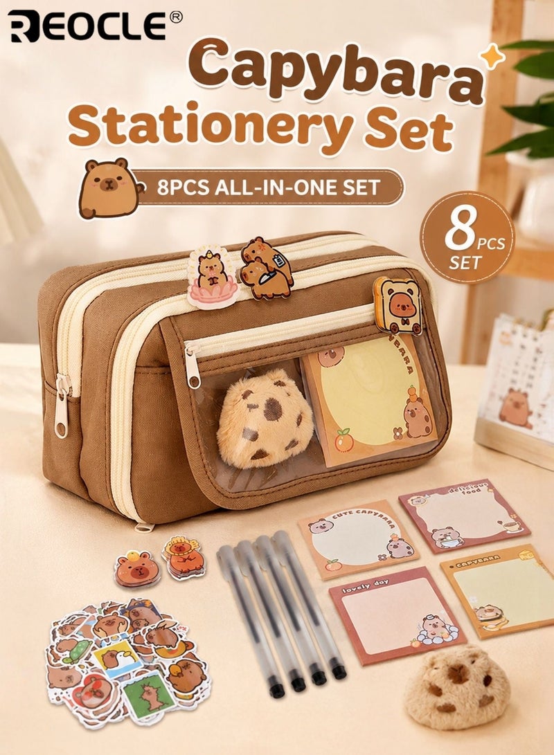 REOCLE Adorable Cartoon Pencil Case Clear Aesthetic School Supplies Pouch with Plush Keychain Large Capacity Multi-layer Pen Holder for Students - Image 1