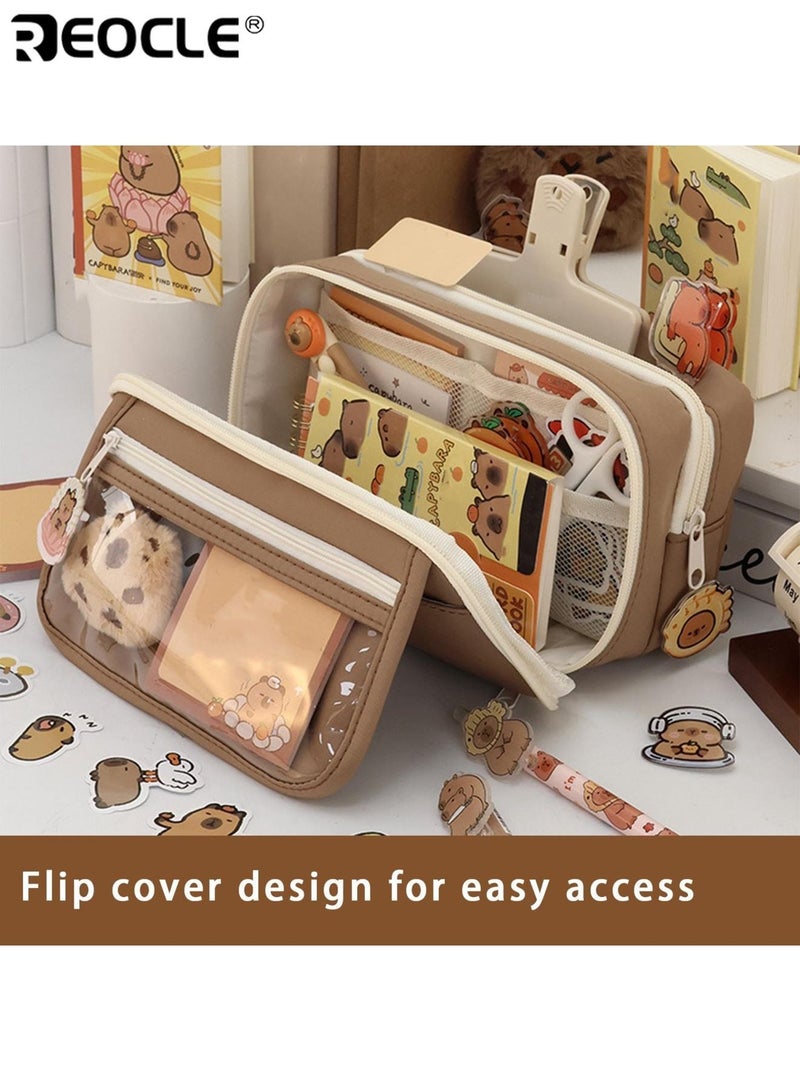 REOCLE Adorable Cartoon Pencil Case Clear Aesthetic School Supplies Pouch with Plush Keychain Large Capacity Multi-layer Pen Holder for Students - Image 5