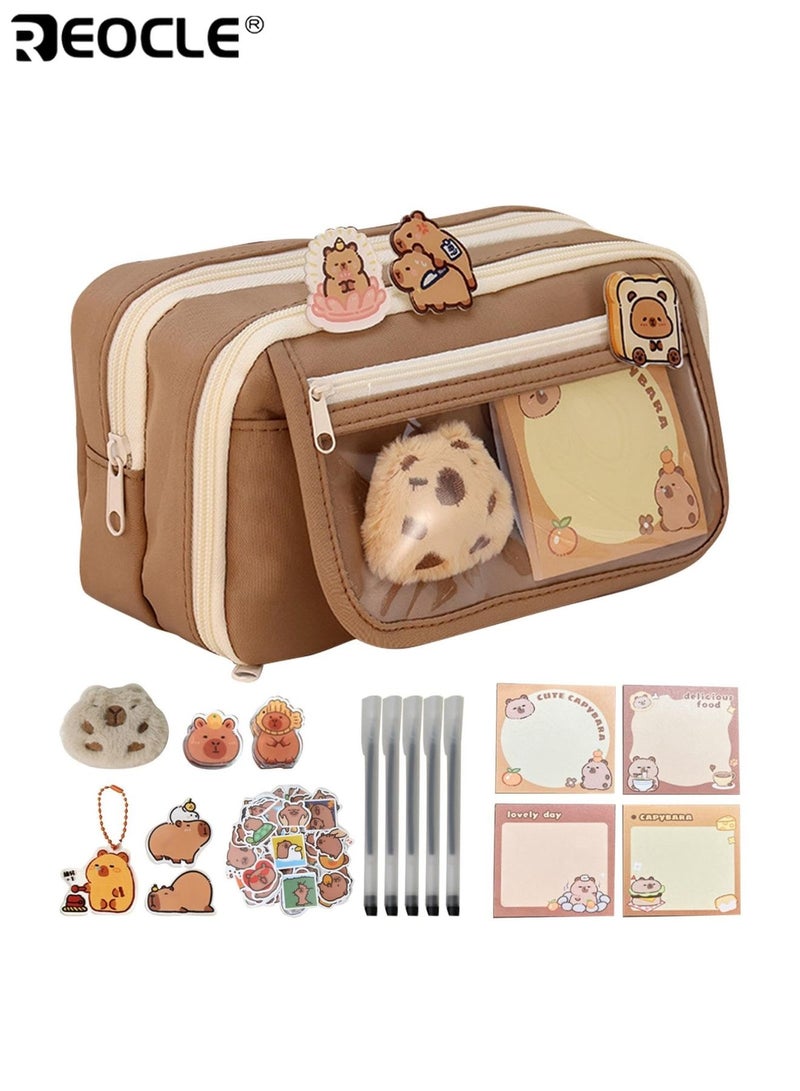 REOCLE Adorable Cartoon Pencil Case Clear Aesthetic School Supplies Pouch with Plush Keychain Large Capacity Multi-layer Pen Holder for Students - Image 2