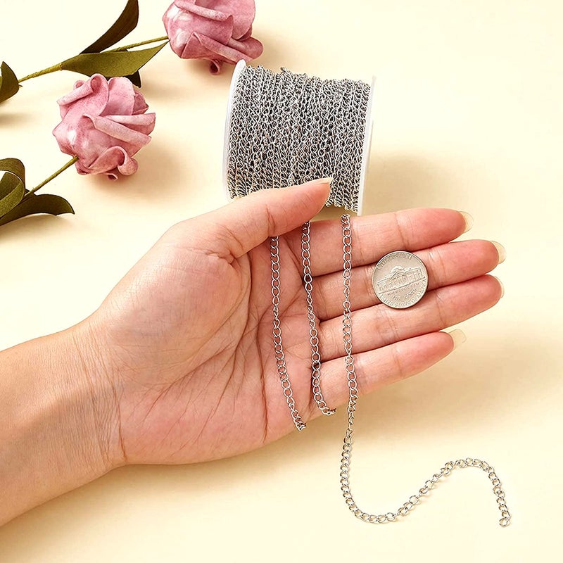 Jasol سلسلة صنع المجوهرات 4MM سلسلة فضية من حلقات كيرب لصنع المجوهرات قلادة إكسسوارات أقراط عبوة 5 متر (فضي) - Image 3